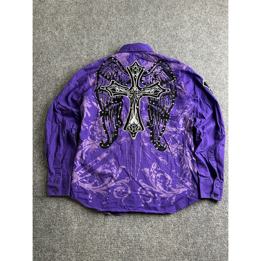 Mens Purple Gothic Cross Applique Button Down Long Sleeve Shirt, Size L